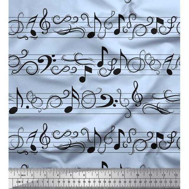 Soimoi Blue Cotton Cambric Fabric Notes Musical Instrument Print Fabric by Yard 42 Inch Wide