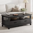 thumbnail image 1 of BeesClover Farmhouse Coffee Table with Drawers, 47.2 in Center Table Rustic Coffee Tables Black Living Room Table, with Open Shelf and 6 Support Legs, 1 of 7