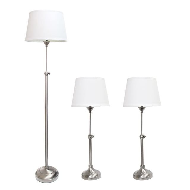 Elegant Designs Brushed Nickel Adjustable 3 Pack Lamp Set includes two table lamps and one floor lamp with white fabric shades and brushed nickel bases. Table lamps adjust from 23.5" to 31" in height; floor lamp adjusts from 49.5" to 59". Ideal for versatile home lighting.