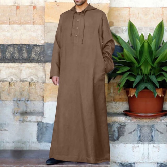 Aqestyerly Men Long Tops Men's Muslim Robe Set Arab Middle Robe Long Sleeve Hooded Button Casual Robe HWRETIE