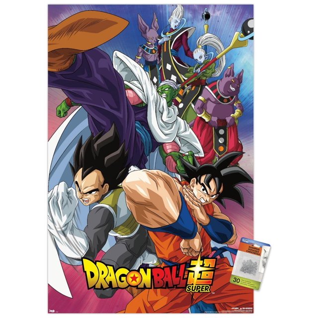Dragon Ball : Affiche Murale Super - Groupe, 14,725 Po x 22,375 Po Mettant en Vedette Goku et Vegeta en stances de Combat avec Piccolo et Quatre Autres Personnages derrière, sur Fond Dégradé Violet et Bleu, Imprimée sur Fini Satiné, Idéale pour la Décoration Murale de Chambre, Bureau Ou Dortoir.