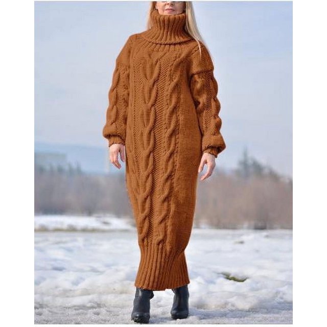 Ladies‘ Winter Knitted Maxi Dress with Long Sleeves and High Neck