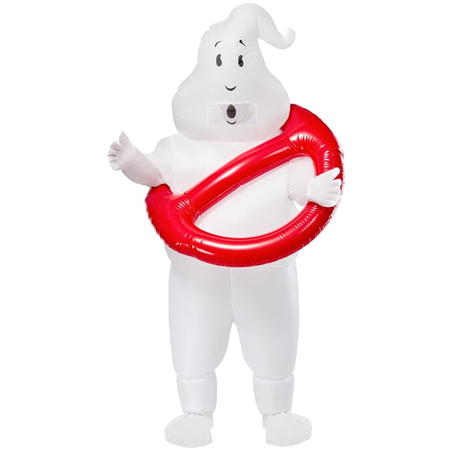 Ghostbusters No-Ghost Logo Inflatable Costume for Adults by Rubies, unisex white inflatable ghost costume with a surprised expression, puffed cheeks, and a wisp of hair, featuring a bright red inflatable 'no' symbol wrapped around the torso, zip-up closure, mesh panel at the mouth for visibility, and attached gloves, designed for adults 64 to 72 inches tall, suitable for Halloween and themed events.