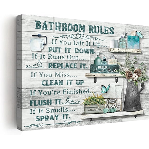 Farmhouse Bathroom Decor Wall Art Rustic Flower and Butterfly Bathroom Pictures Canvas Print Country Bathroom Wall Decor Teal Bathroom Rules Bathroom Wall Art Framed Ready To Hang 12"x16"