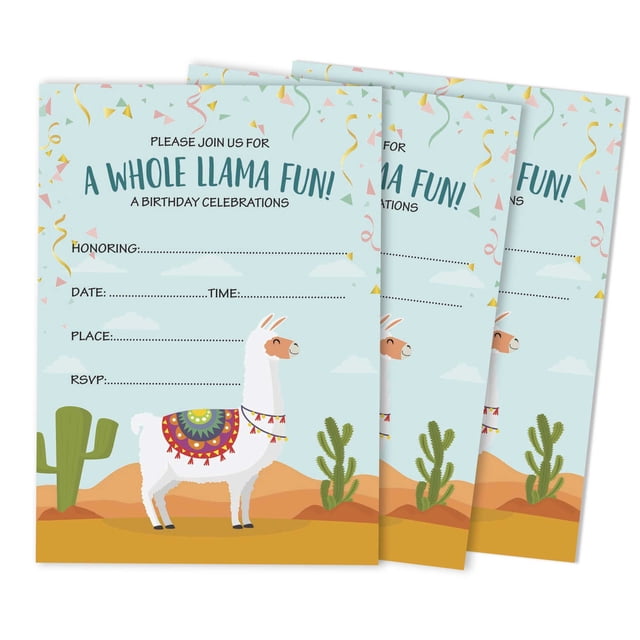 Inkdotpot Pack Of 30 Llama Kids Birthday Invitations, Boys or Girls Fill-In Style Invite, Children or Toddlers Baby First or 1st Bday Alpaca Cactus Fill In the Blank Invite Cards