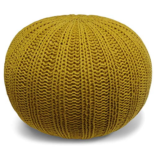 SIMPLIHOME Pouf Rond en Tricot à la Main Shelby, Repose-Pieds, Rembourré en Coton Moutarde, pour le Salon, la Chambre et la Chambre d'Enfant, Transitionnel, Moderne