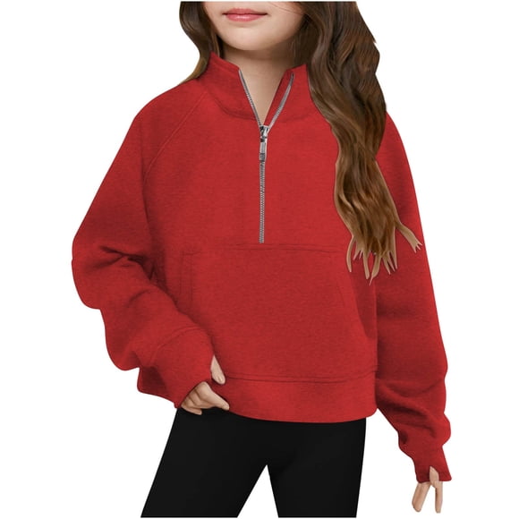 Milgrthf Girls Half Zipper Sweatshirts Cute Trendy Fall Pullover Crop Tops for Teen Girls Long Sleeve Sweater Clothes Thumb Hole Red 130/7Y