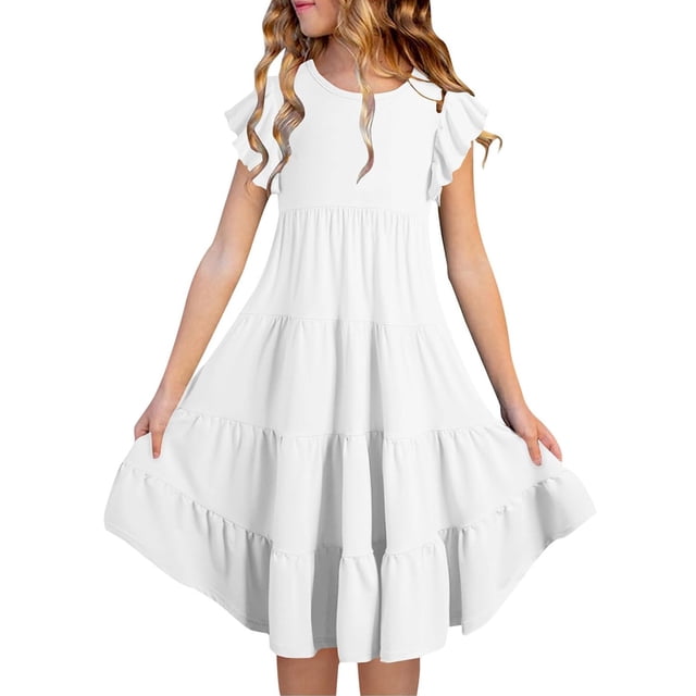 BYHONG Robes d'Été pour Filles à Double Couche à Manches Volantées Fluides Robe Trapèze Décontractée Dégradé Robes Midi Jupes Robes pour Filles Blanc 130