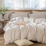 JOLUSERE 100% Organic Cotton Striped Duvet Cover King Set, 3-Piece Linen Like Textured Breathable Comforter Cover (Beige& White Classic Stripes)
