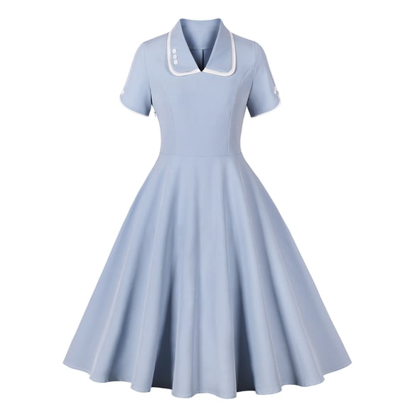 LOVZFMLL Ladies' Summer Casual Short Sleeved Lapel Button Solid Color Dress Light Blue S