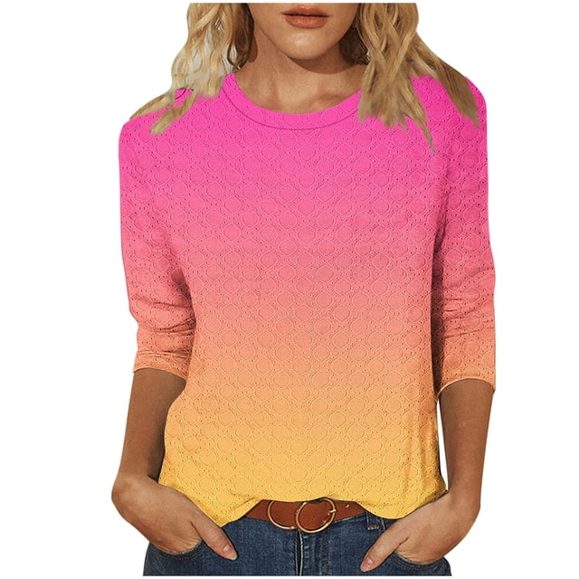 Cinvoph T-Shirts d'Été Imprimés pour Femmes Manches 3/4 Col Rond Dégradé Hauts Chandail Ample Blouses de Vacances