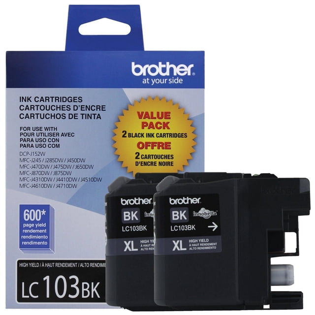 Brother LC 1032PK Black Ink Cartridge two-pack with high yield black ink cartridges for compatible Brother printers, featuring blue and white packaging with value pack label and two black LC103BK XL cartridges yielding approximately 600 pages.