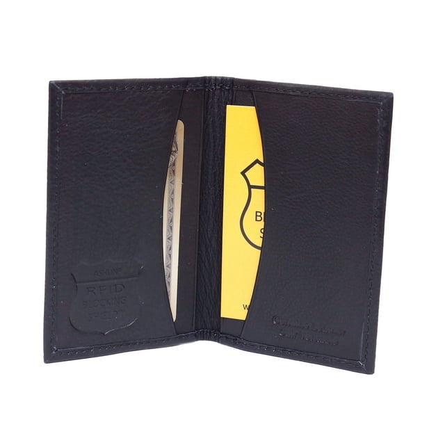 Ashlin Leather Ashlin RFID Blocking Slim Business Card Holder in black genuine leather, open to display two card slots with a yellow business card and a folded bill, featuring RFID protection and a slim design ideal for secure, compact office storage.