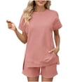 thumbnail image 1 of AherBiu Womens Short Sweatsuits Short Sleeve Side Slit Pullover Tops with Sweatshorts 2 Piece Summer Workout Sets, 1 of 6