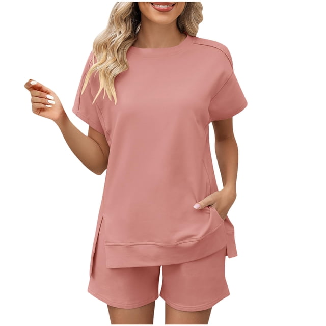 AherBiu Womens Short Sweatsuits Short Sleeve Side Slit Pullover Tops with Sweatshorts 2 Piece Summer Workout Sets