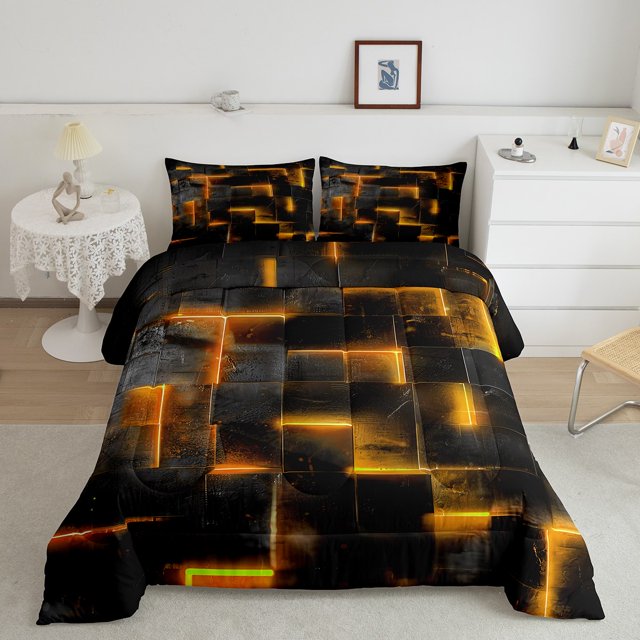 YST Neon Orange and Black King Comforter Set for Boys Girls,3D Checkered Geometric Bedding Set,Abstract Square Grid Comforter Set Lightweight Soft,Glowing Geometry Quilt Bed Set 3Pcs