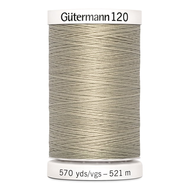 Gutermann 120 100% polyester all purpose thread spool in light beige, tightly wound with 570 yards (521 meters) length, suitable for machine and hand sewing woven, knit, and synthetic fabrics, also ideal for craft and mending projects.