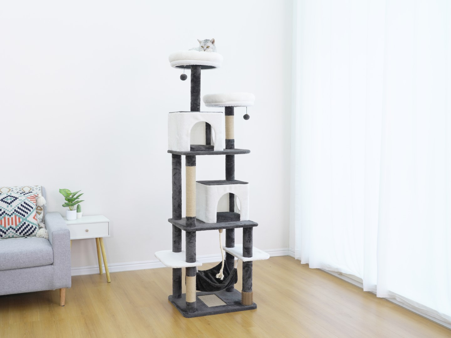 Home4Cat arbre à chat de 74,8 po à 8 niveaux avec deux niches, un hamac douillet, des griffoirs en sisal et deux jouets stimulants