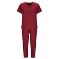 thumbnail image 4 of Yanlir Pants Sets for Women Solid Color Drawstring Pants Protective-Suit Short Sleeve V-Neck Shirts Sets with Pockets 2 Piece Outfits(Wine,L), 4 of 5