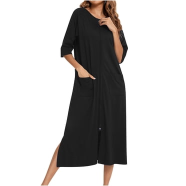 CFLVAEK Robes à Manches 3/4 pour Femmes 2025 Légers avec Fermeture Éclair Peignoirs de Maison avec Poches Douillets Longueur Genou Chemises de Nuit Couleur Unie Fente Latérale Vêtements de Nuit Noir TTG