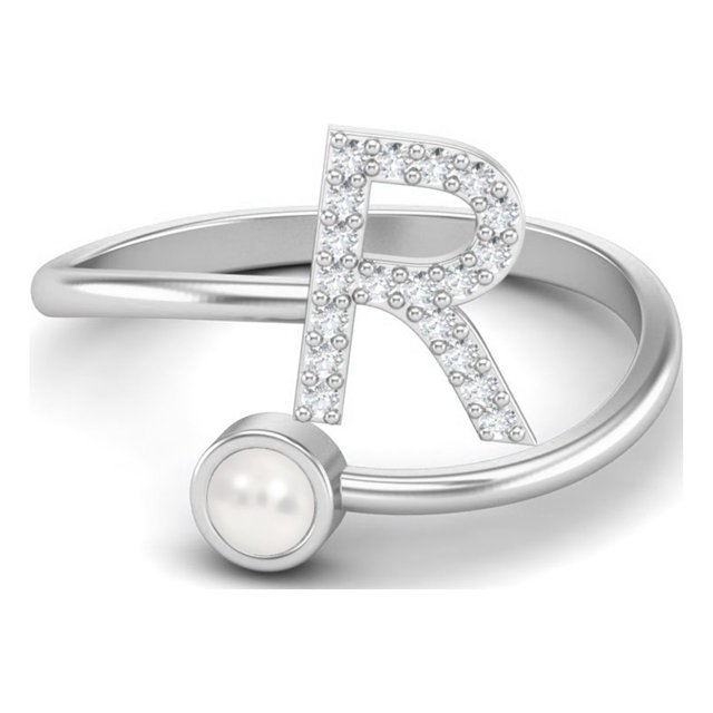 Capital R Initial Letter Natural Pearl Gemstone 925 Sterling Silver Women Ring Adjustable Front Open Ring Jewelry
