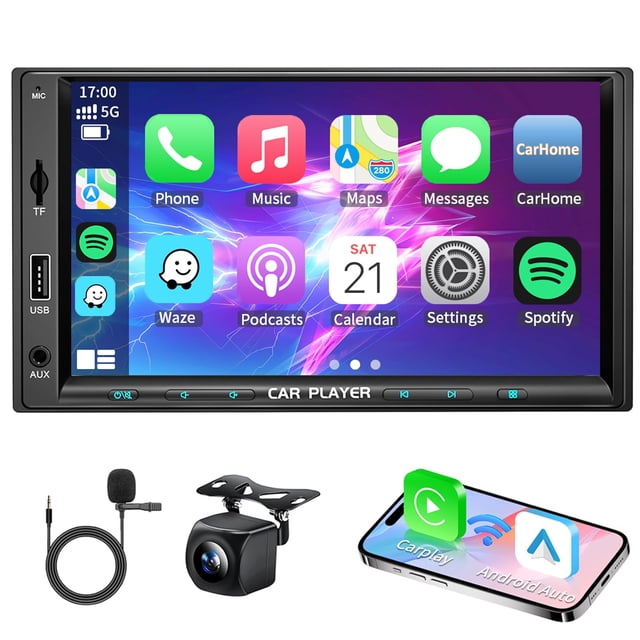 Stéréo de Voiture Double Din de 7 Pouces avec Apple Carplay Sans Fil et Radio Android Auto Navi, Unité de Tête avec Écran Tactile, Récepteur Bluetooth AM/FM/lien Miroir/B