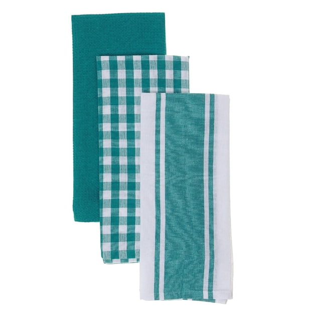 3 Pack Kitchen Towel Set Teal Plaid with three folded cotton towels: one solid teal waffle weave, one teal and white plaid, and one white with teal stripes, each 18 by 28 inches, soft and absorbent for kitchen use and suitable for drying dishes or hands.