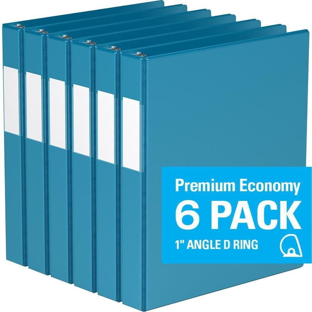 Davis Group Premium Economy D Ring Binder 6 Pack, 1 inch, six blue binders with white full-width label holders on spines and clear interior pockets on front and back covers, arranged side by side, ideal for office, school, and conference use.