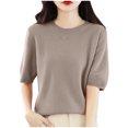 thumbnail image 2 of AherBiu Hauts d'Été pour Femmes Col Rond Manches Mi-Longues Chemises Unies Décontractées Coupe Ample T-Shirts Basiques Blouses, 2 of 4