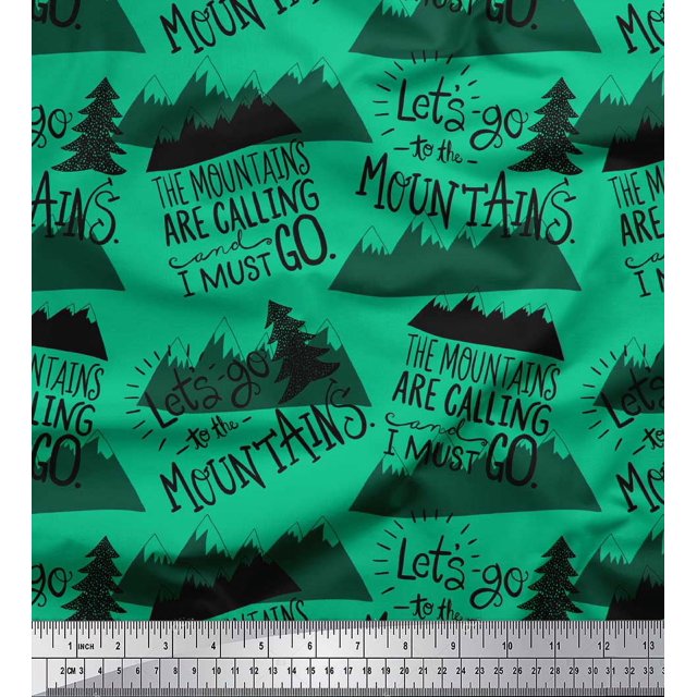 Soimoi Green Velvet Fabric Mountains & Text Print Fabric by the Yard 58 Inch Wide