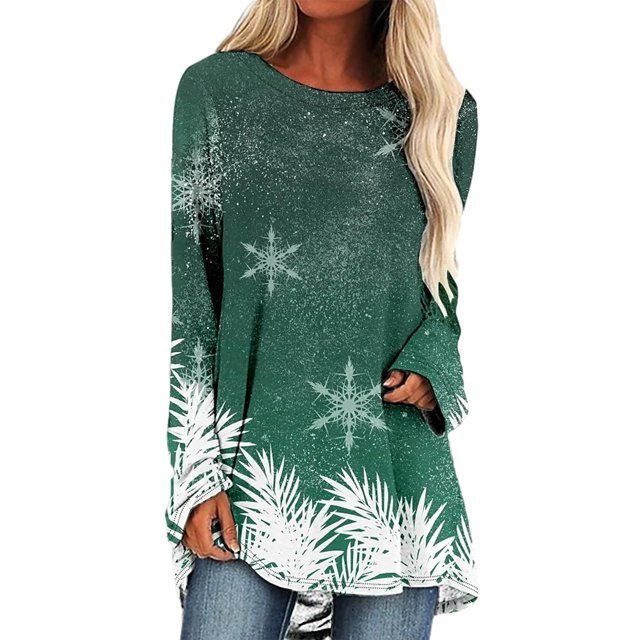 Innerwin T-Shirt de Noël à Manches Longues Femmes Tee Vacances Flocon de Neige Impression Mode Xmas Tops Vert 3XL