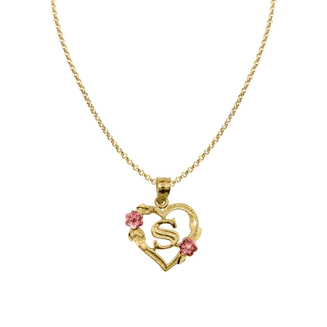 14k Two-tone Gold Flower and Heart-shaped Initial 'S' Pendant with 1.2mm Rolo chain