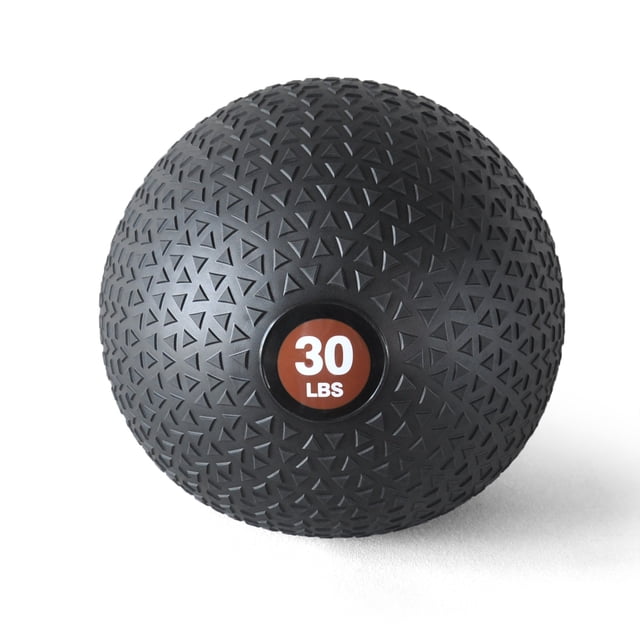 PRISP Weighted Medicine Slam Ball, labeled 30 lbs, designed for strength training and fitness exercises. Features a textured grooved PVC surface for secure grip, even with sweaty hands, and an iron sand-filled core to prevent bouncing and rolling during use.