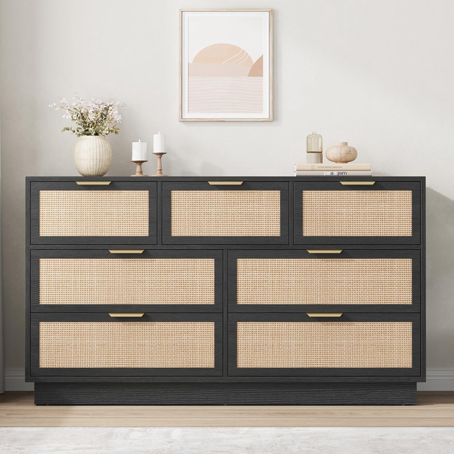 7 Drawer Rattan Dresser for Bedroom, 55" Wide Boho Chest of Drawers with Integrated Cabinet Body & Legs Design, Wooden Dressers Organizer for Hallways, Entryways, Closet, Black