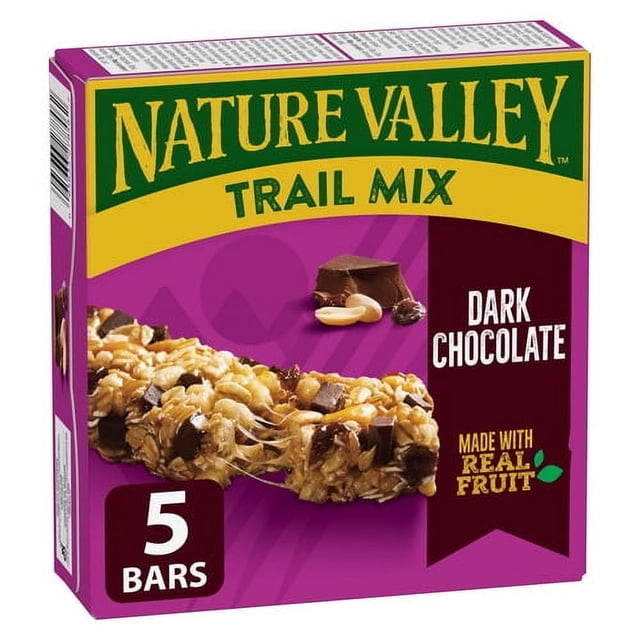 Nature Valley Chewy Trail Mix Granola Bars, Dark Chocolate, 5 ct box showing a front-facing chewy granola bar with whole grain oats, dark chocolate chunks, roasted peanuts, and raisins on a purple background with yellow and green Nature Valley branding, ideal for on-the-go energy and snack boxes.