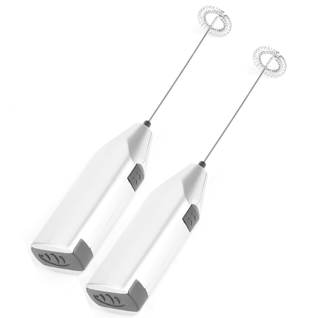 Hand Held Mixer Hand Mixers Hand Blender, Handheld Electric Mixer, Electric for Milk Cooking for Coffee Egg. The image shows two compact, silver handheld electric mixers with ergonomic handles and stainless steel whisk heads. Each mixer features a simple on/off button for easy operation. Designed for frothing milk, making cappuccinos, and beating eggs, these lightweight mixers are battery-operated and portable, ideal for home use.