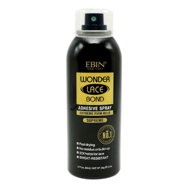 EBIN Wonder Lace Wig Bond Adhesive Spray - Supreme 2.7oz. A black spray can with gold and white text, designed for daily wig application or touch-ups. Features a fast-drying, no-residue formula with a strong, all-day hold that is gentle for easy removal.