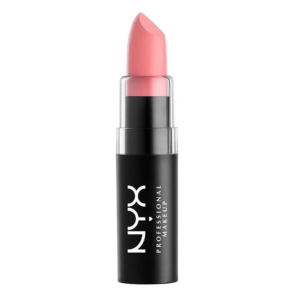 NYX Matte Lipstick in Pale Pink, a highly pigmented lipstick with a smooth application and a non-glossy matte finish. The lipstick is shown in a sleek black tube with the NYX Professional Makeup logo, featuring a pale pink shade. Ideal for creating a high-fashion look.