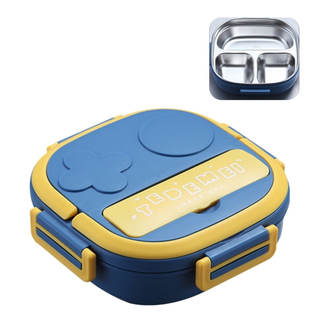 Carevas Lunch Boîte à avec Fourchette à 3 Compartiments, Boîte à Lunch Japonaise, Présentée dans un design Bleu et Jaune avec Quatre Loquets Sécurisés. l'Intérieur en Acier Inoxydable Présente Trois Compartiments pour Séparer les Aliments. Comprend une Fourchette et Est Étanche, Réutilisable, et Convient aux Enfants et aux Adultes pour l'École, le Bureau Ou les Voyages.