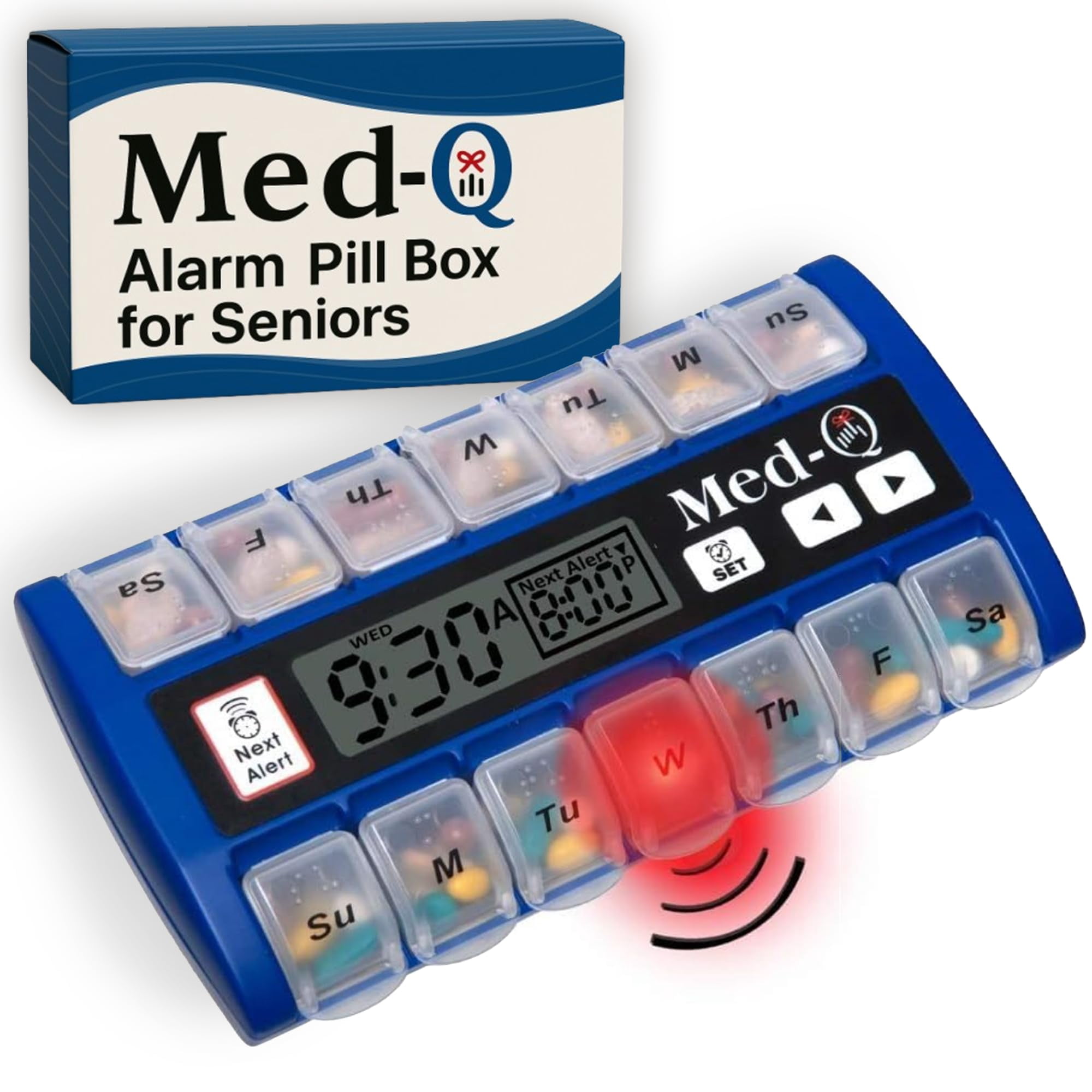 Med-Q Digital Pill Box with Alarms – Pill Organizer with Flashing Lights & Beeping Reminders – Monthly Pill Dispenser for Seniors, Dementia, Alzheimer’s, Medication & Vitamin Management