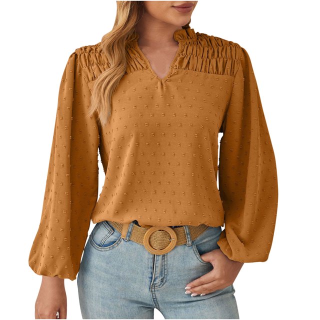 Timegard Hauts pour Femmes à Manches Longues Froncés à Col en V Fluides Légers Blouse de Bureau Chic Décontractée Ample Hauts