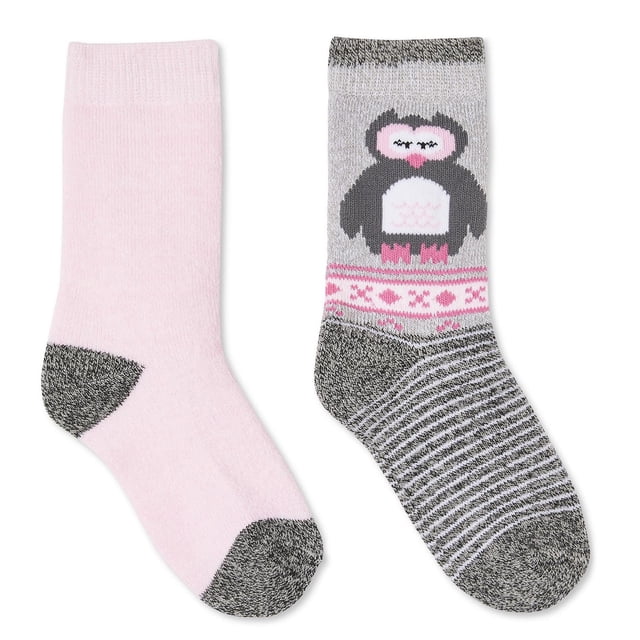 George Chaussettes Montantes pour Filles, Lot de 2, Comprenant une Chaussette Unie Rose Pâle avec Talon et Bout Gris Foncé, et une Chaussette Grise avec une Bande à Motif Rose et Blanc et un Graphique Hibou Noir, Blanc et Rose au-Dessus de la Cheville, Toutes Deux Faites d'Un Mélange Acrylique Chaud de Longueur Montante avec Poignets Côtelés, Convenant au Port Quotidien.