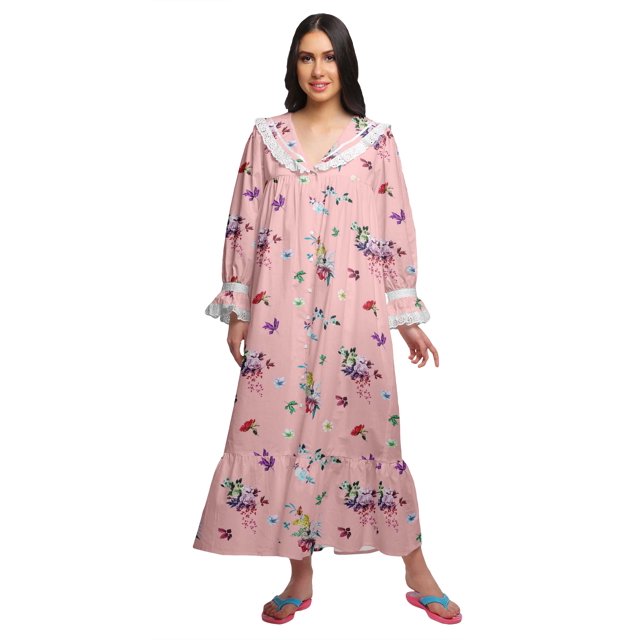 Moomaya Printed Nightdress For Ladies Cotton Ruffled Border Nursing Nightwear