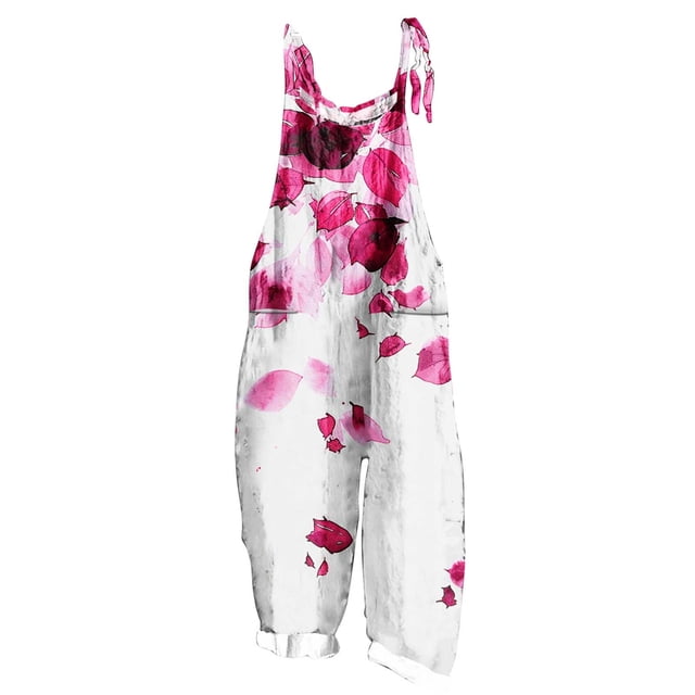 yoeyez Rompers for Women Summer,Ladies Print Summer Plus Size Long Jumpsuits Sleeveless Adjustable Straps Backless Overalls Jumpsuits With Pockets Pink,3XL