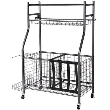 KFFKFF Sports Equipment Garage Organizer, Rolling Ball Storage Cart on Wheels, Basketball Rack with Baskets & Hooks
