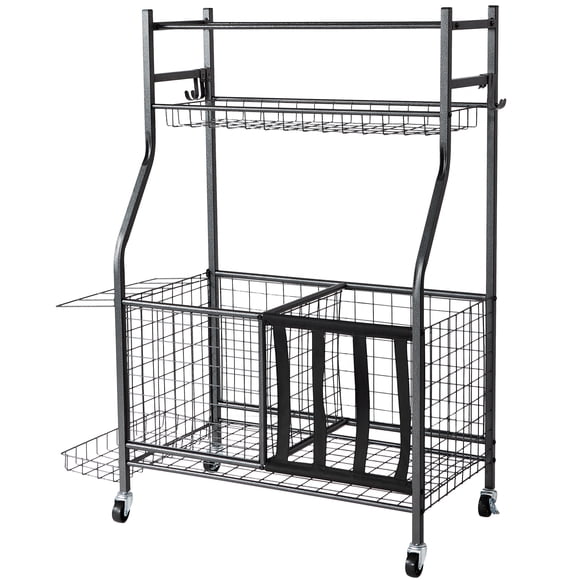 KFFKFF Sports Equipment Garage Organizer, Rolling Ball Storage Cart on Wheels, Basketball Rack with Baskets & Hooks
