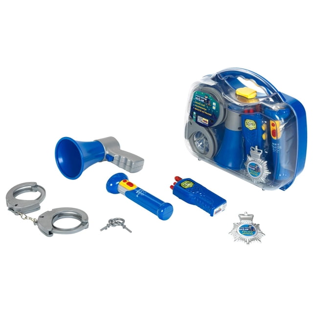Theo Klein Kid's Professional Police Officer Case Premium Pretend Play Toy Set with a blue plastic carrying case with clear front, containing a toy megaphone, flashlight, walkie talkie, plastic handcuffs with keys, whistle, police badge, and ID cards for imaginative role play.