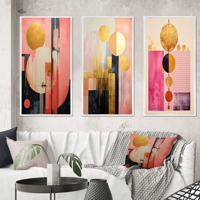 Designart "Serendipitous Circular Geometric Serenity VI" Modern Geometric Framed Wall Art Set Of 3 - Gold Abstract Frame Canvas Set For Living Room Decor