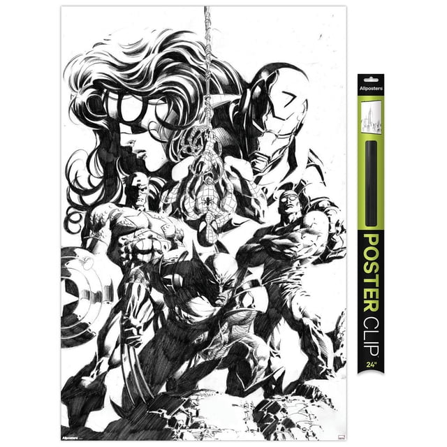 Marvel Sketch - Group Wall Poster, 14.725" x 22.375" framed, featuring a detailed black and white pencil sketch of Marvel superheroes including Wolverine crouched in front, Spider-Man hanging from a web in the center, Iron Man in armor behind, and other characters with flowing hair and muscular poses, designed as wall art for home décor with a premium satin finish.