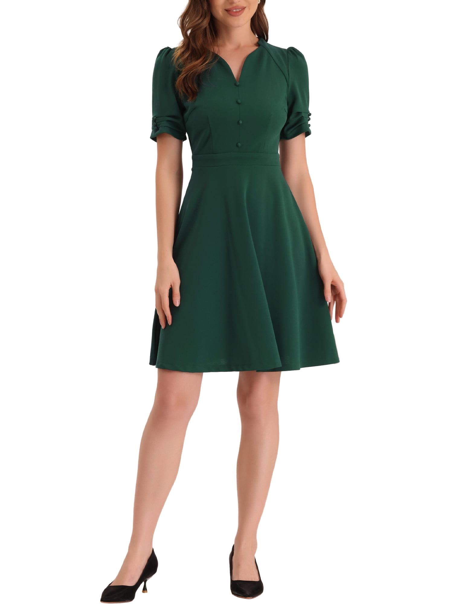 INSPIRE CHIC Robe de Bureau pour Femme à Encolure Cœur Plissée à Manches Courtes Robe Fourreau Ligne A m Vert Foncé
